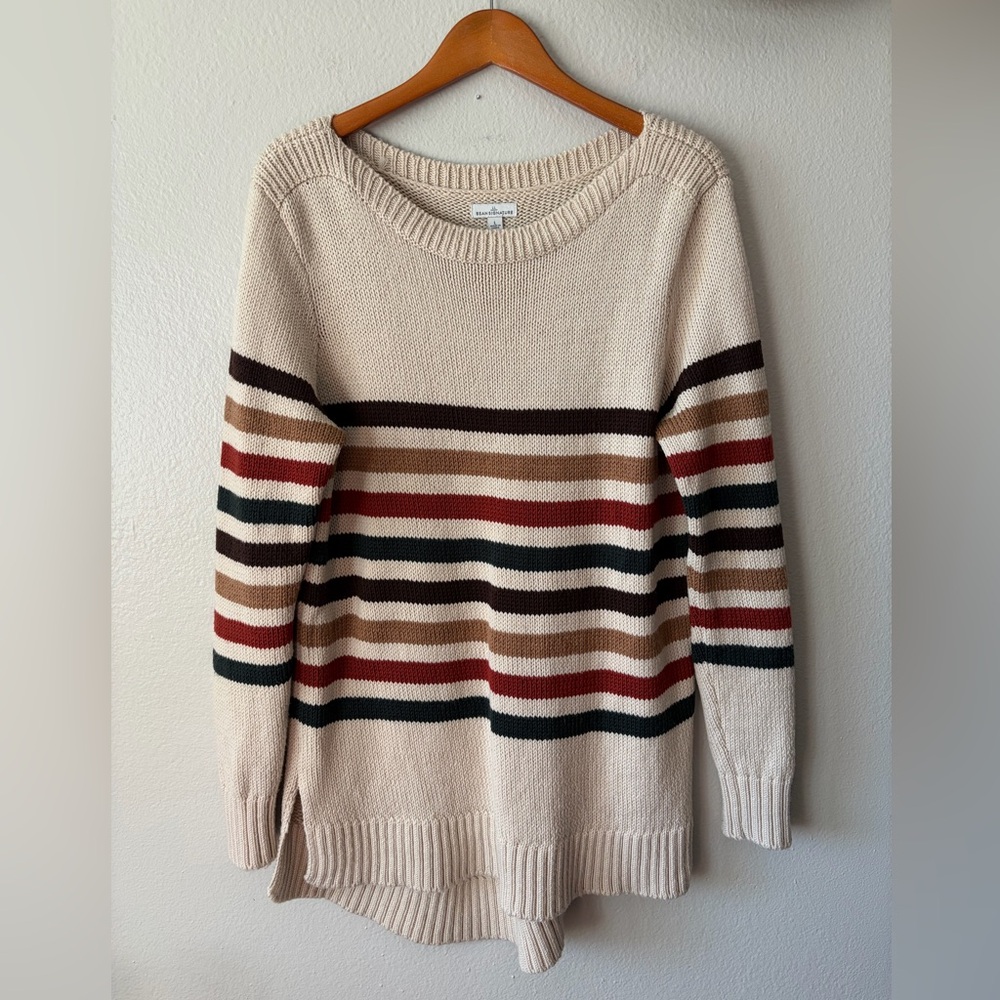 L.L. Bean Signature 100% Merino Wool Cream Striped Oversized Crew Neck Sweater